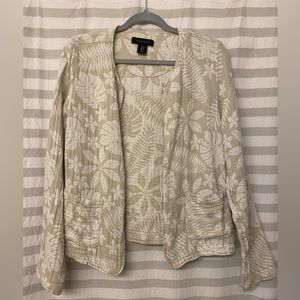 EUC tahari neutral floral linen quilted open cardigan Sz medium